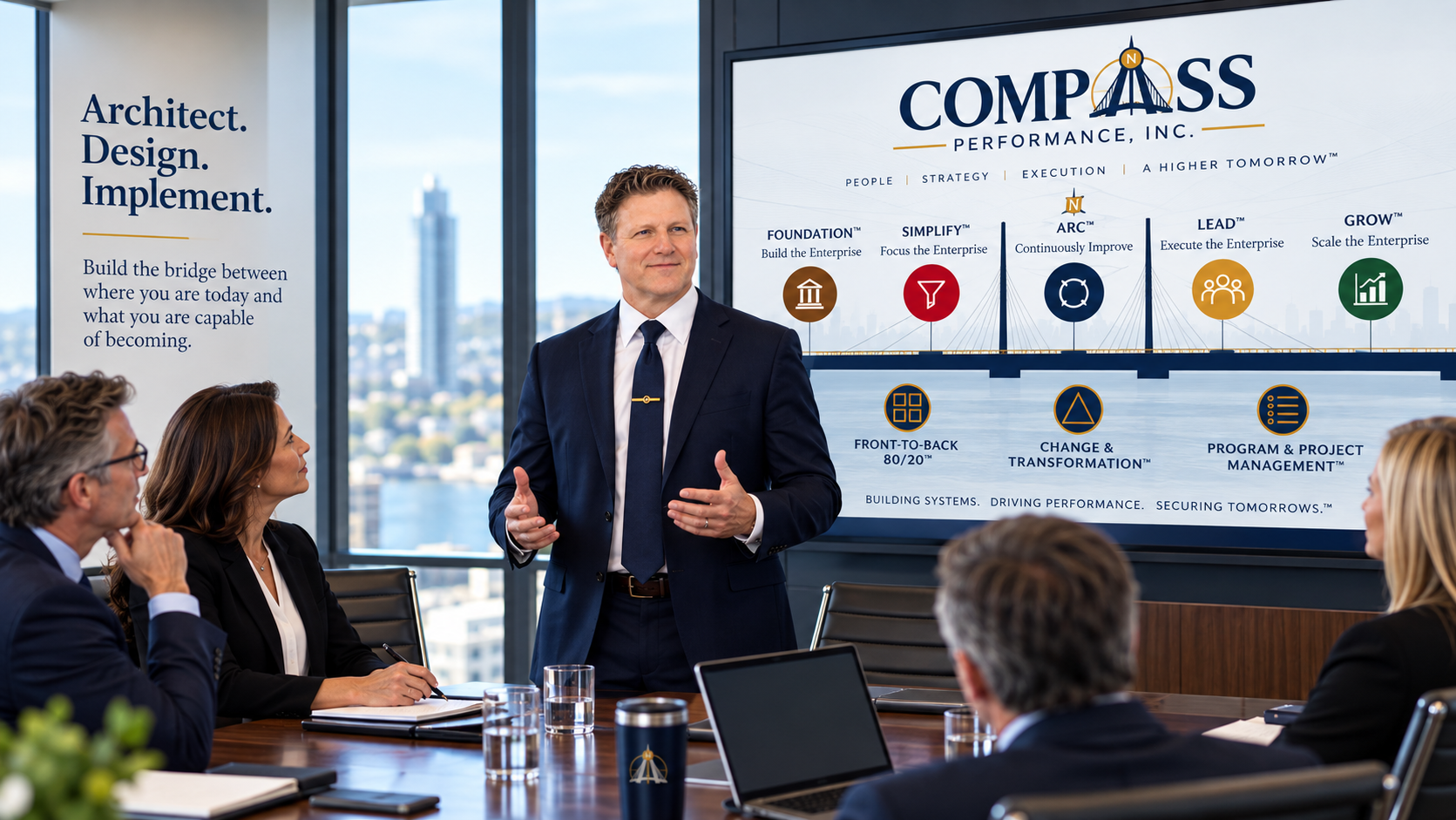 Steve Kopecky presenting Compass Enterprise Architecture™ — FOUNDATION™, SIMPLIFY™, ARC™, LEAD™ and GROW™ with the execution disciplines — to an executive team in a boardroom.