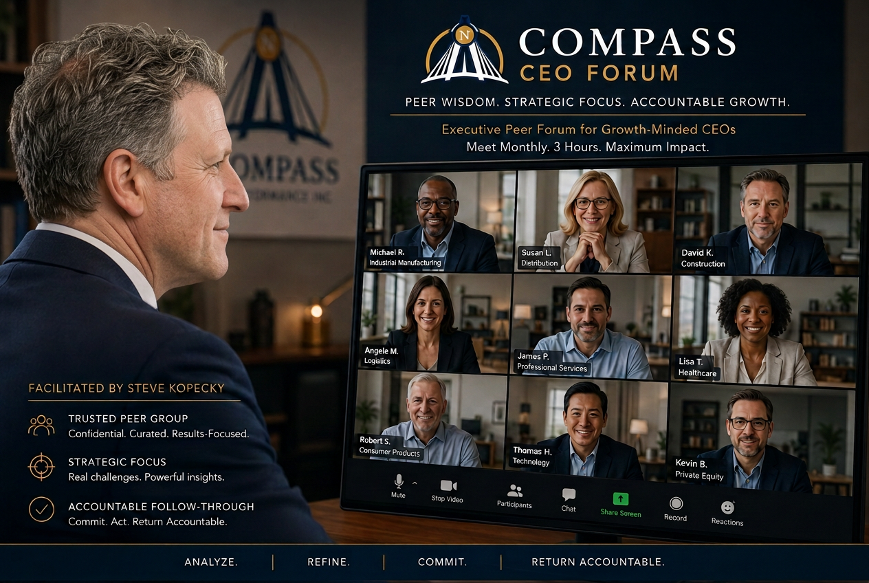 Steve Kopecky facilitating a Compass CEO Forum video conference with nine executives from manufacturing, distribution, construction, logistics, professional services, healthcare, consumer products, technology, and private equity