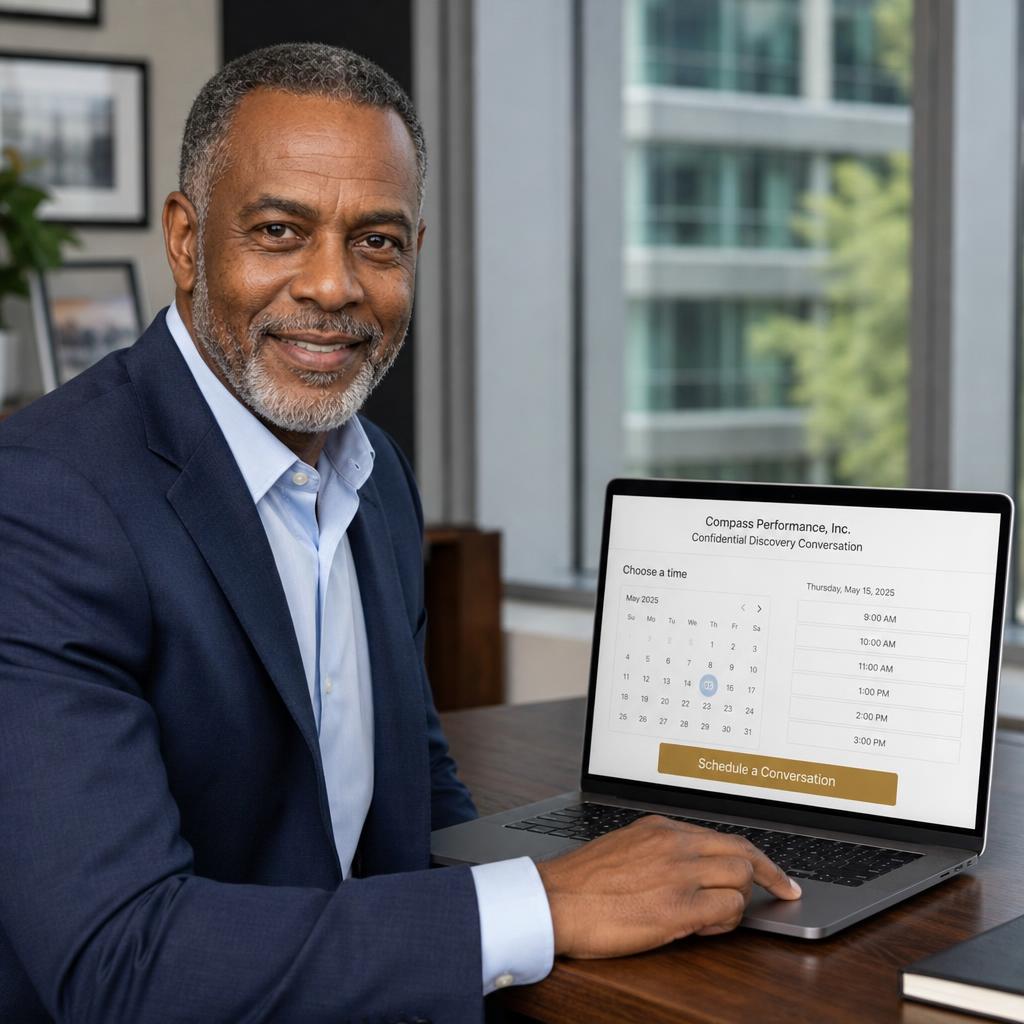 CEO / President using a laptop to choose a confidential discovery conversation time; no booking confirmation is shown