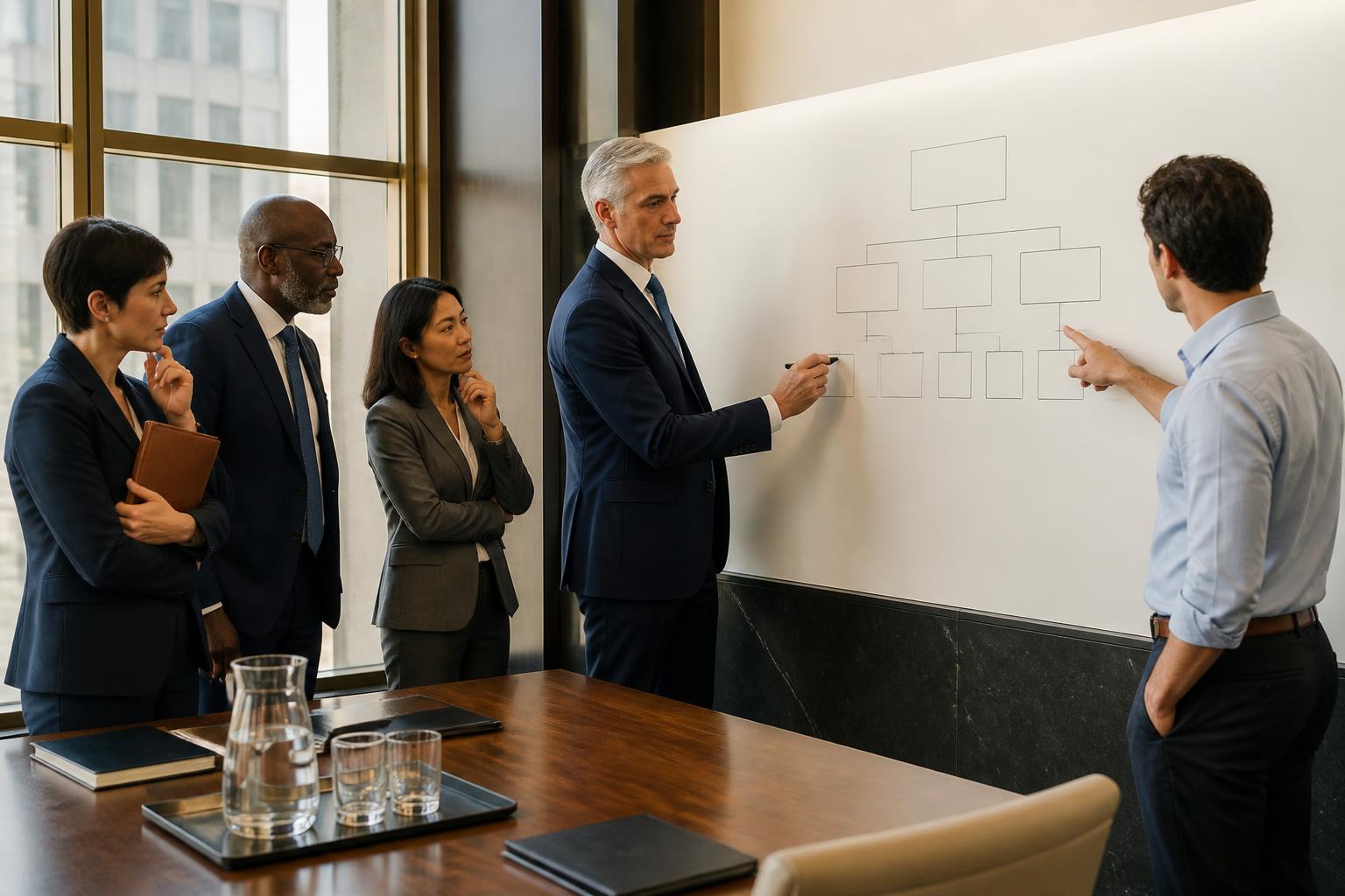 Steve Kopecky sketching an empty organization chart on a boardroom wall while a client executive team debates the structure