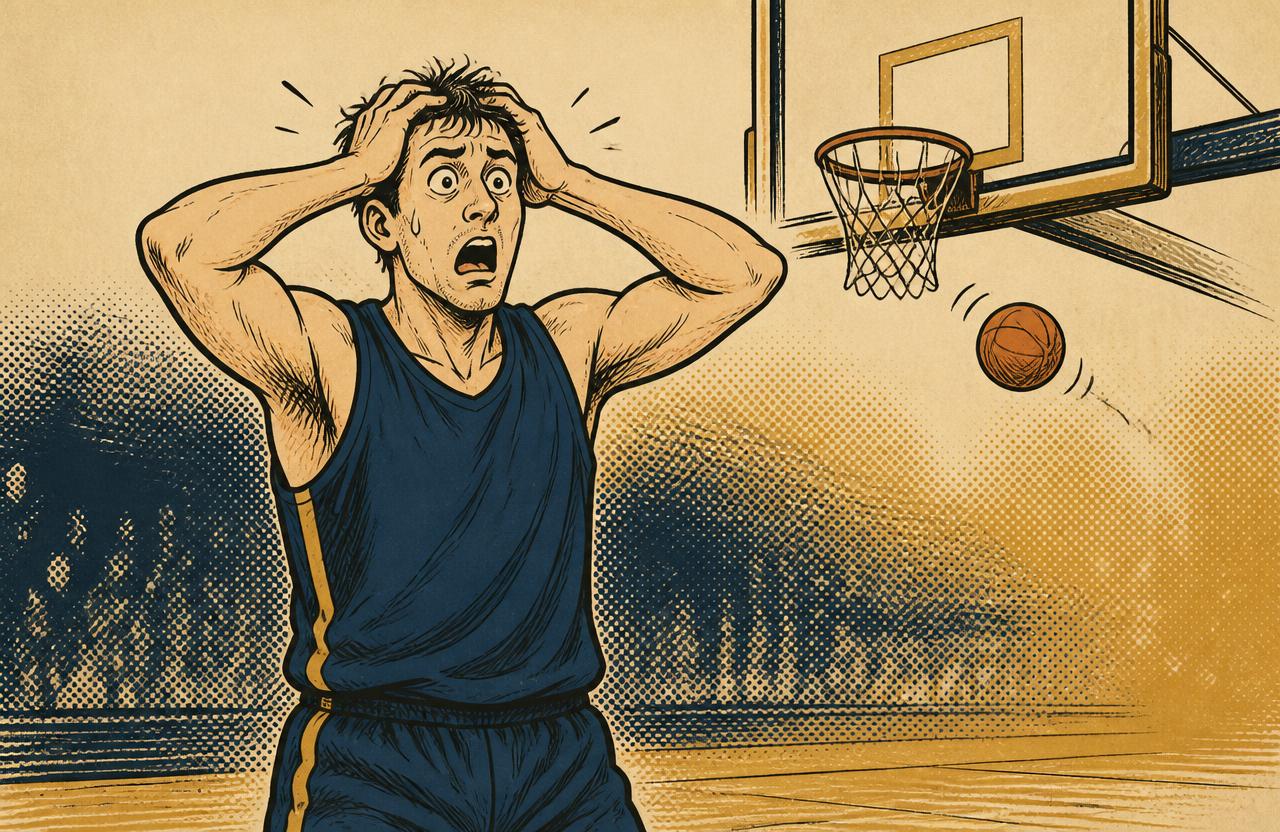 Comic illustration of an athlete reacting to a missed game-winning shot