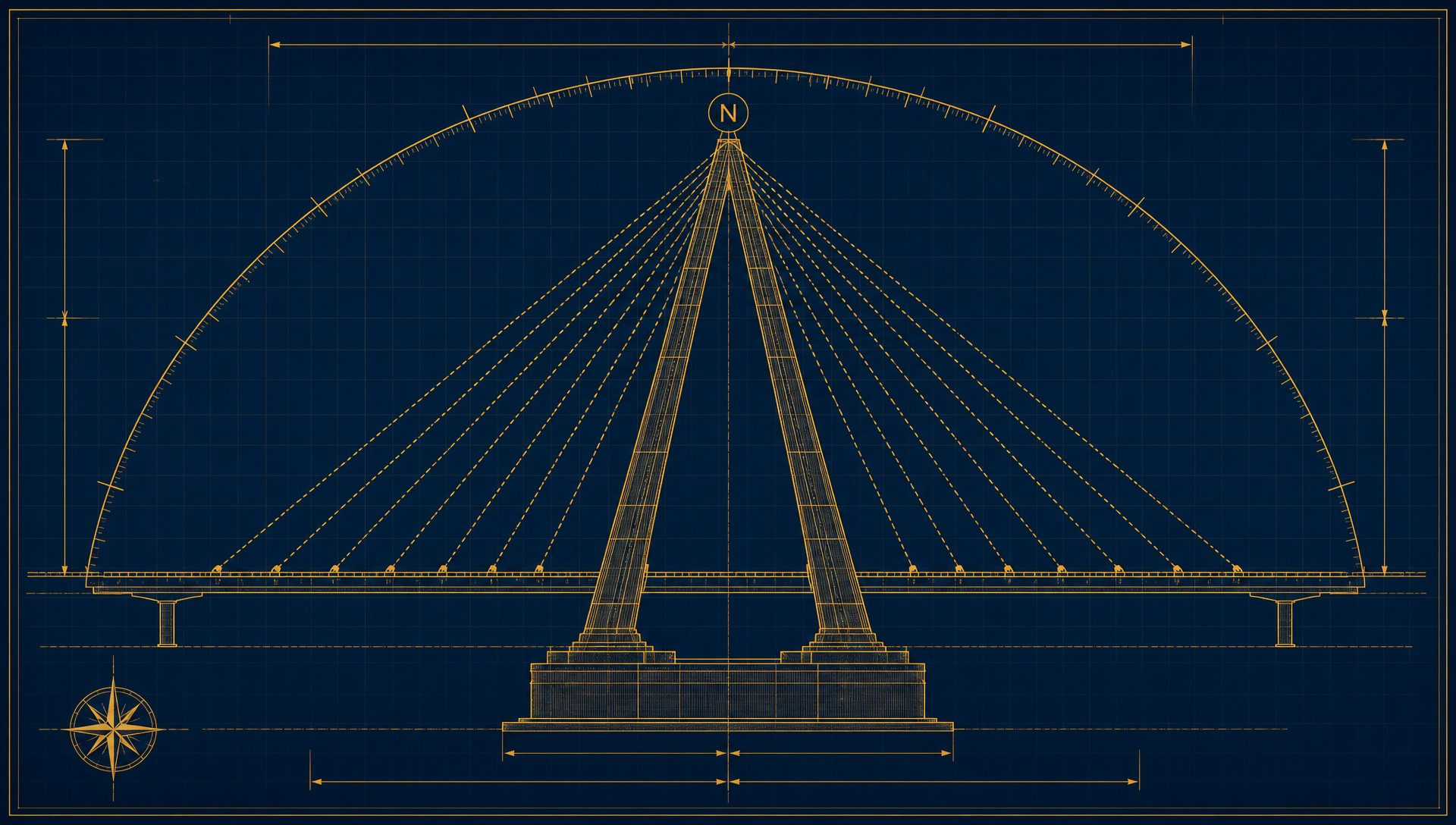 Annotated engineering blueprint of the Compass bridge showing the foundation, true-north mark, structural framework, and deck