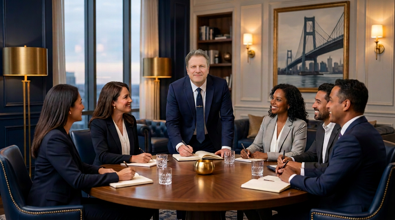Steve Kopecky leading a peer forum of smiling chief executives around a round table.