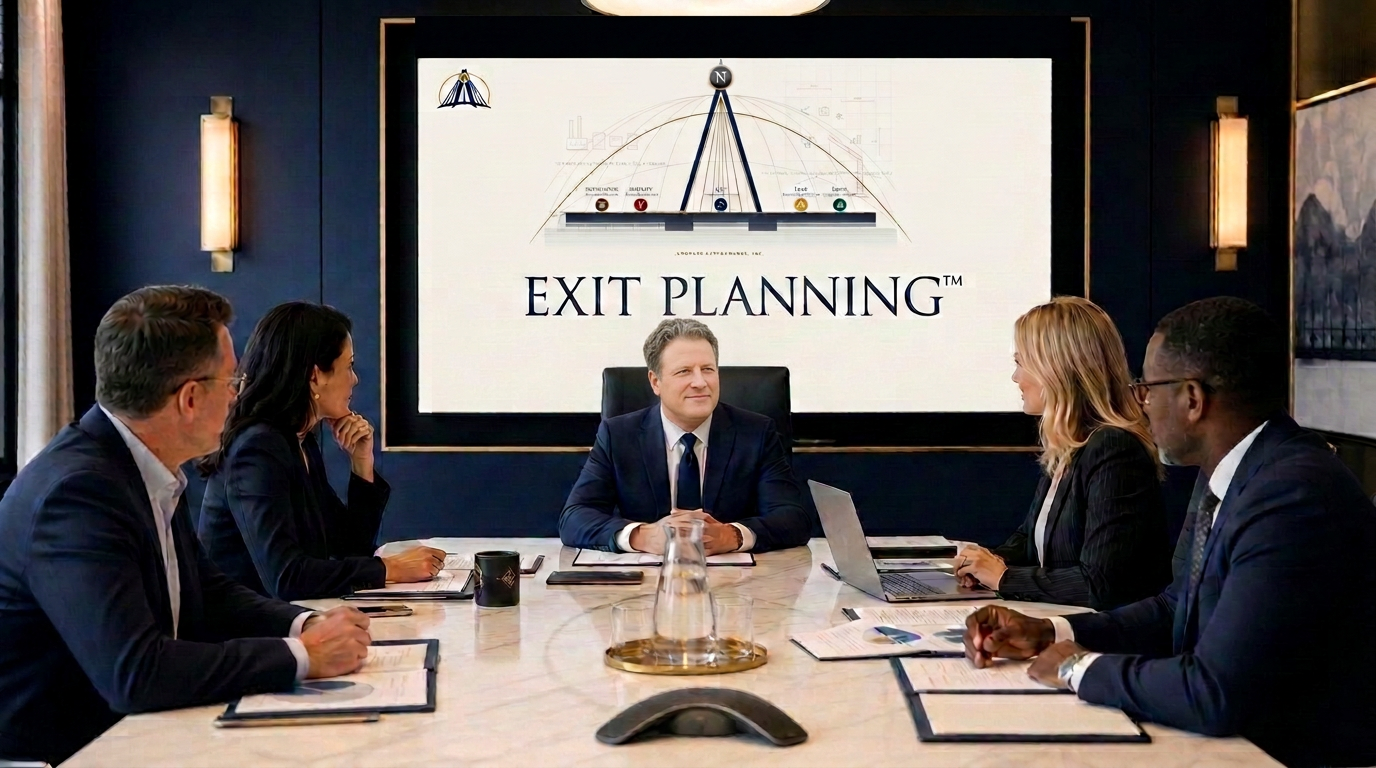 A business owner and four advisors seated around a conference table with an Exit Planning presentation and the Compass mark on a screen behind them.