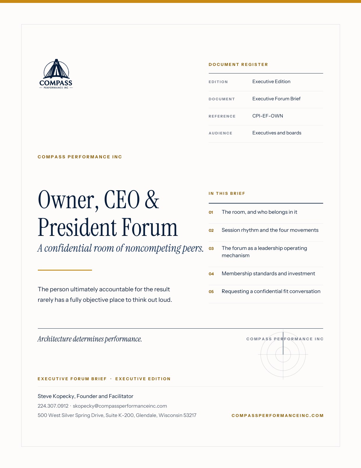 Page 1 of Owner, CEO & President Forum — Brief: Cover