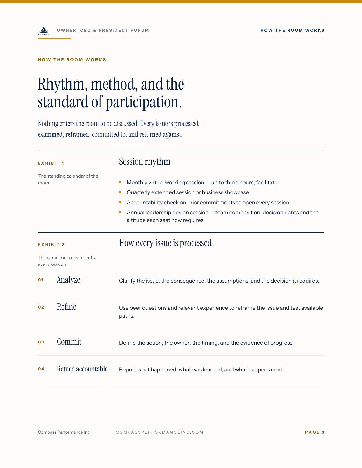 Page 3 of Owner, CEO & President Forum — Brief: How the room works