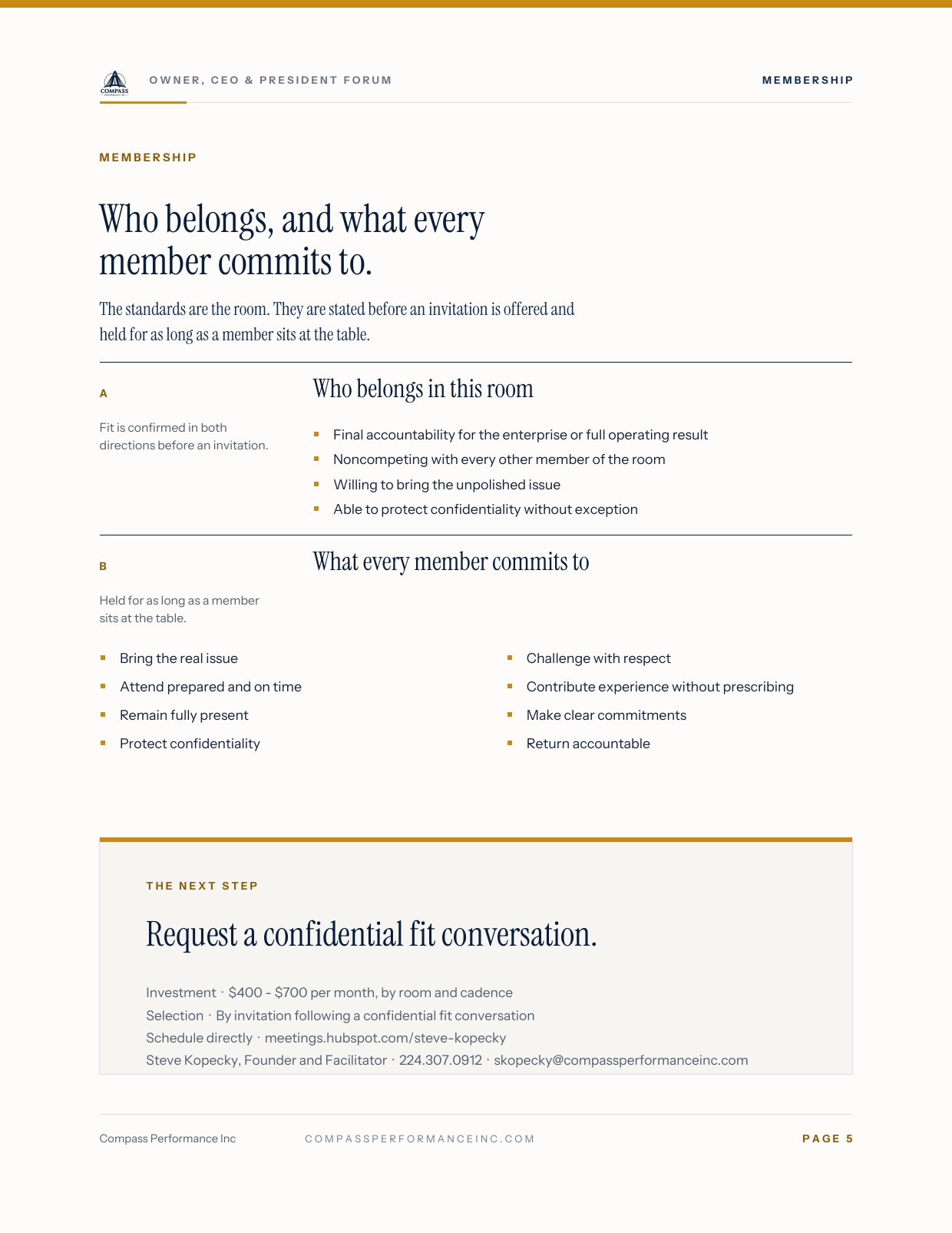 Page 5 of Owner, CEO & President Forum — Brief: Membership
