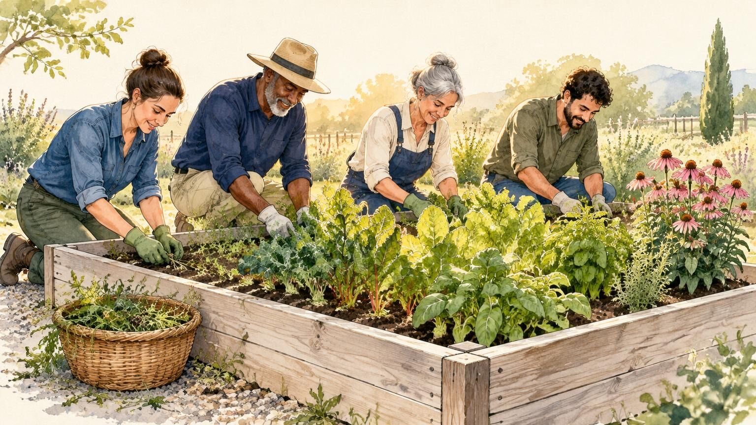 Four gardeners kneel side by side along one raised bed, clearing weeds together while the strongest plants catch the light