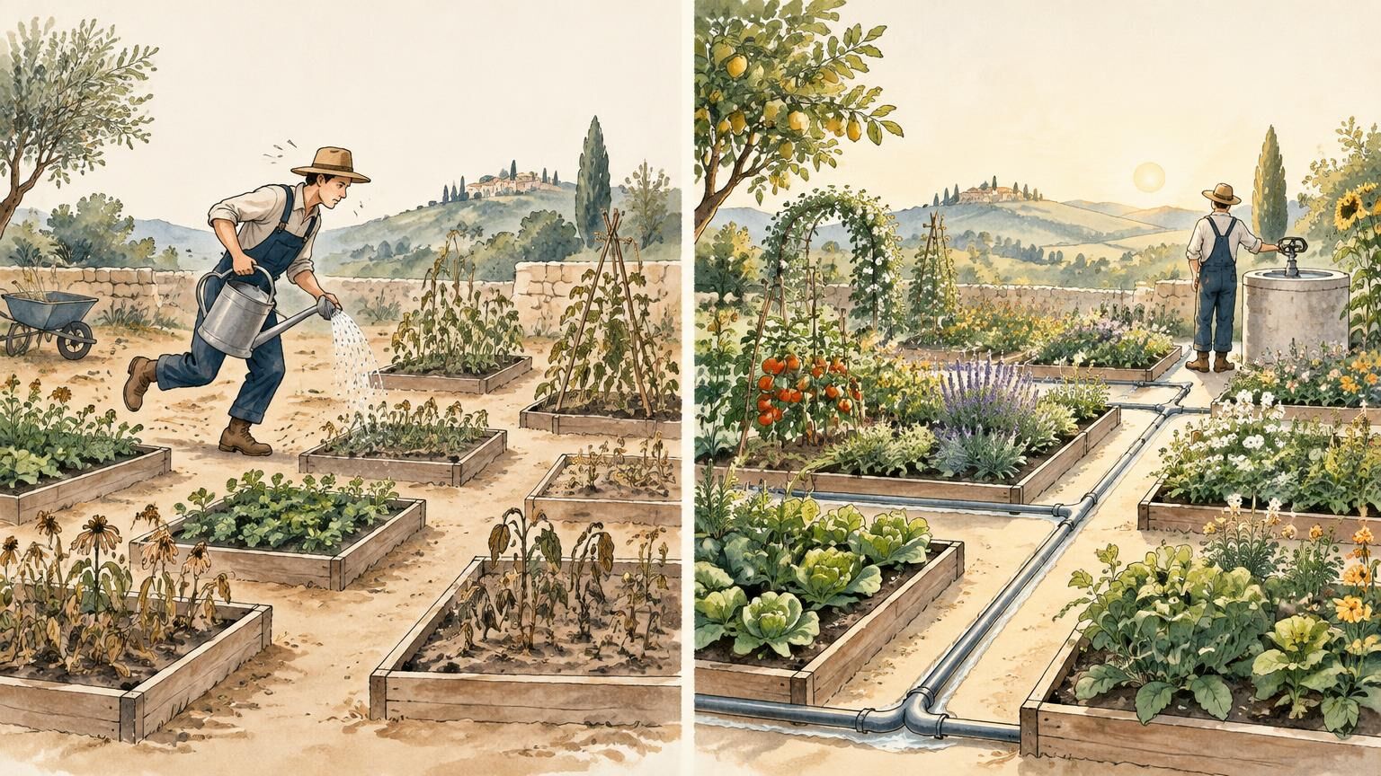 On the left a gardener rushes between wilting beds with one watering can; on the right an irrigation network feeds every bed while he stands at the valve
