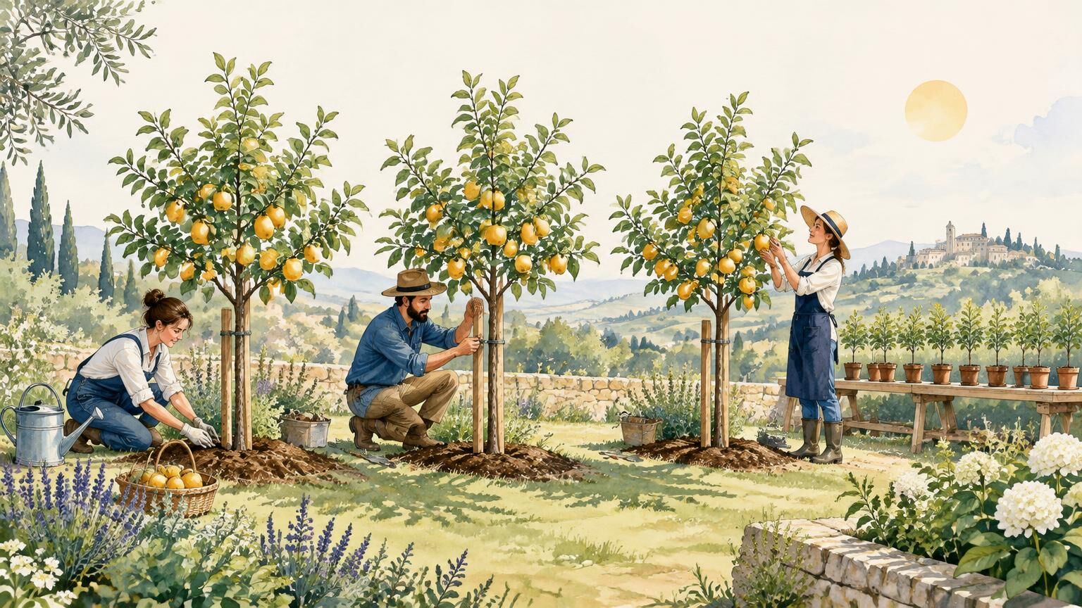 Three fully tended fruit trees bear golden fruit, each with a gardener, while potted saplings wait in an orderly line on a nursery bench