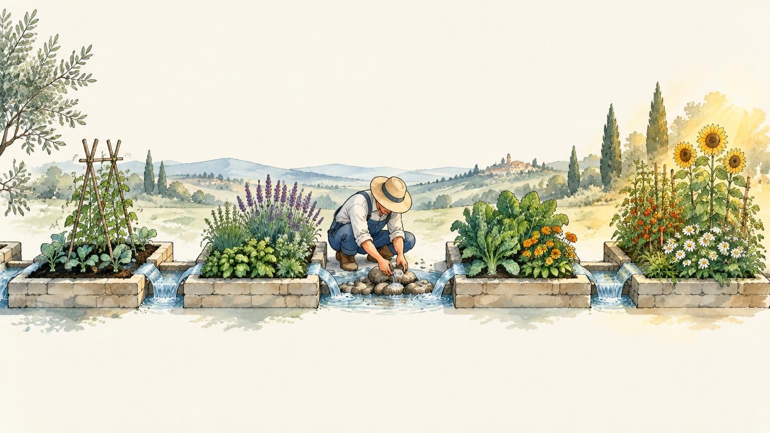 Four tended garden beds joined by one water channel; a gardener clears stones blocking the flow so water reaches the flourishing bed beyond
