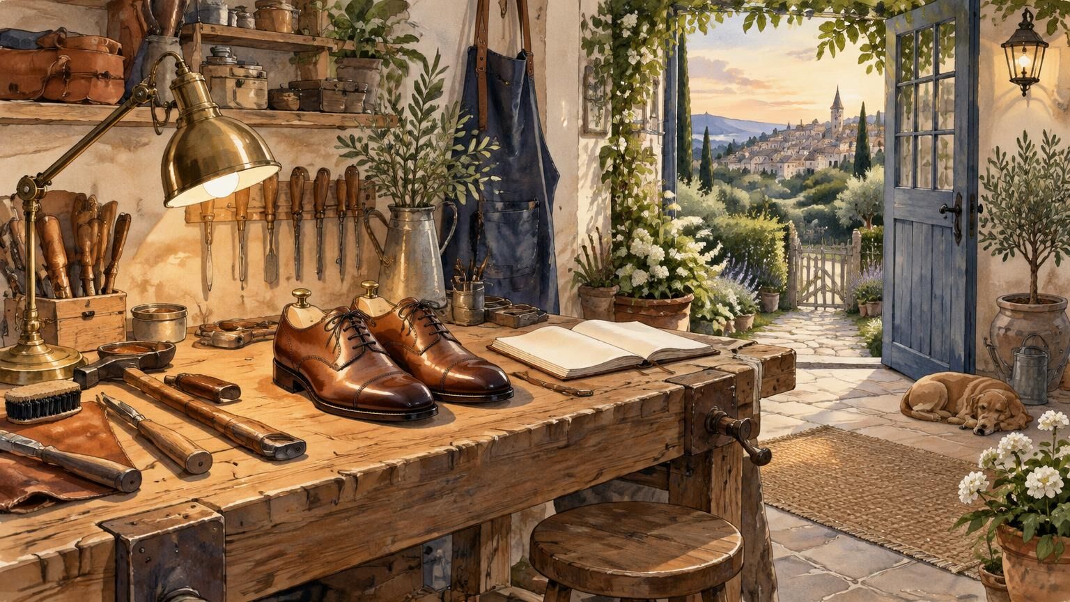 A cobbler’s workbench at evening under a brass lamp, a finished pair of shoes and an open notebook, the door open to a garden path and village