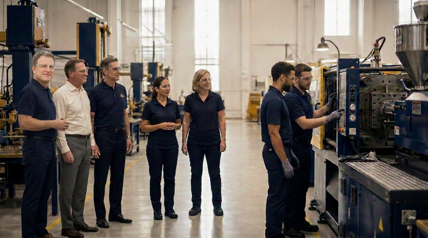 Compass and client leaders walking a production floor together.