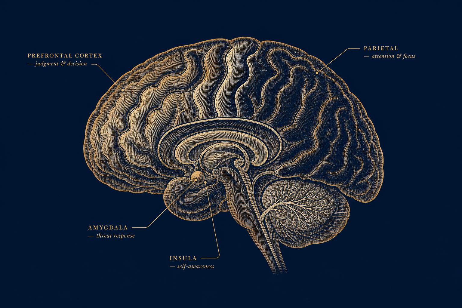 Engraved midline section of the human brain on a navy field, annotated for the regions involved under pressure