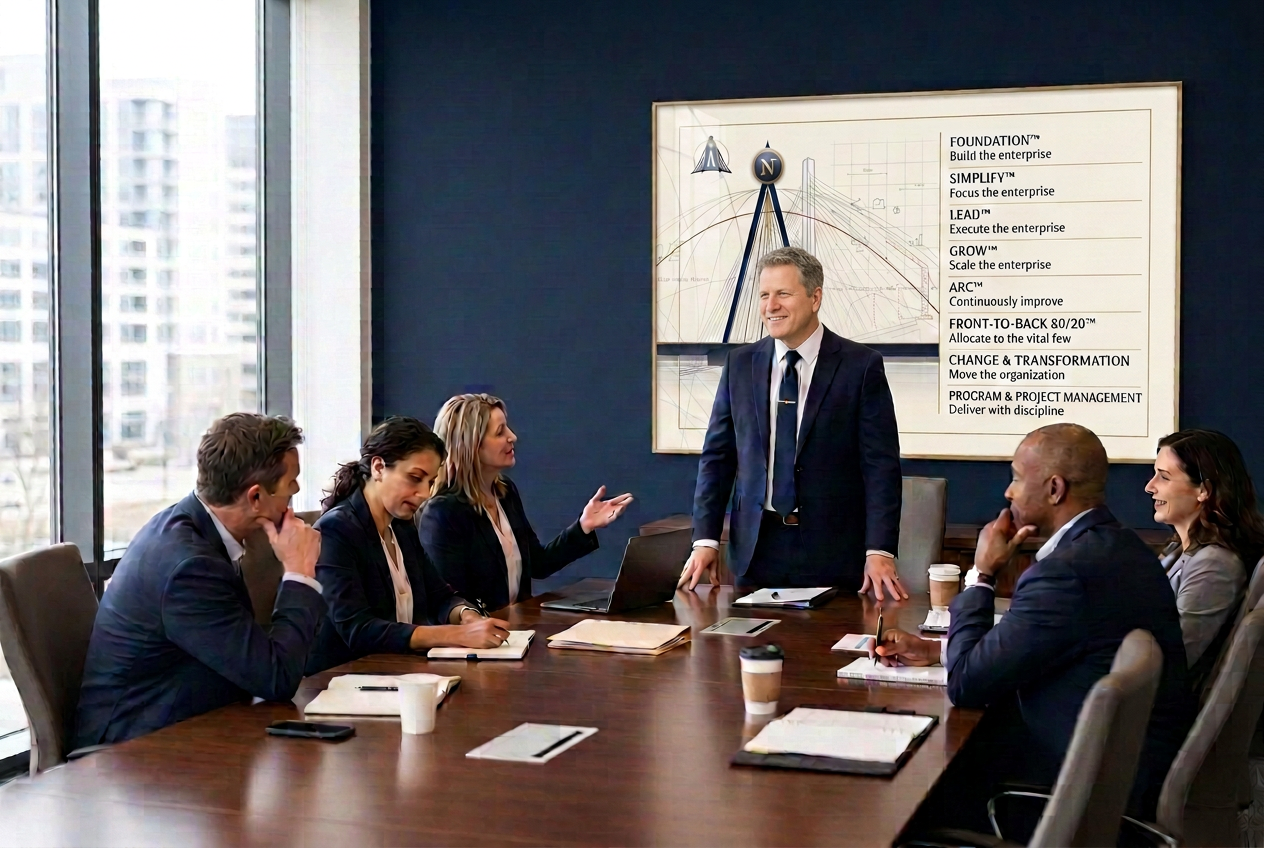 Steve Kopecky, in a working boardroom session, turned toward a seated leader mid-discussion while the leadership team leans in around the table. On the navy wall above him hangs the Compass bridge architecture with the true-north N; the Compass mark sits at the upper left.