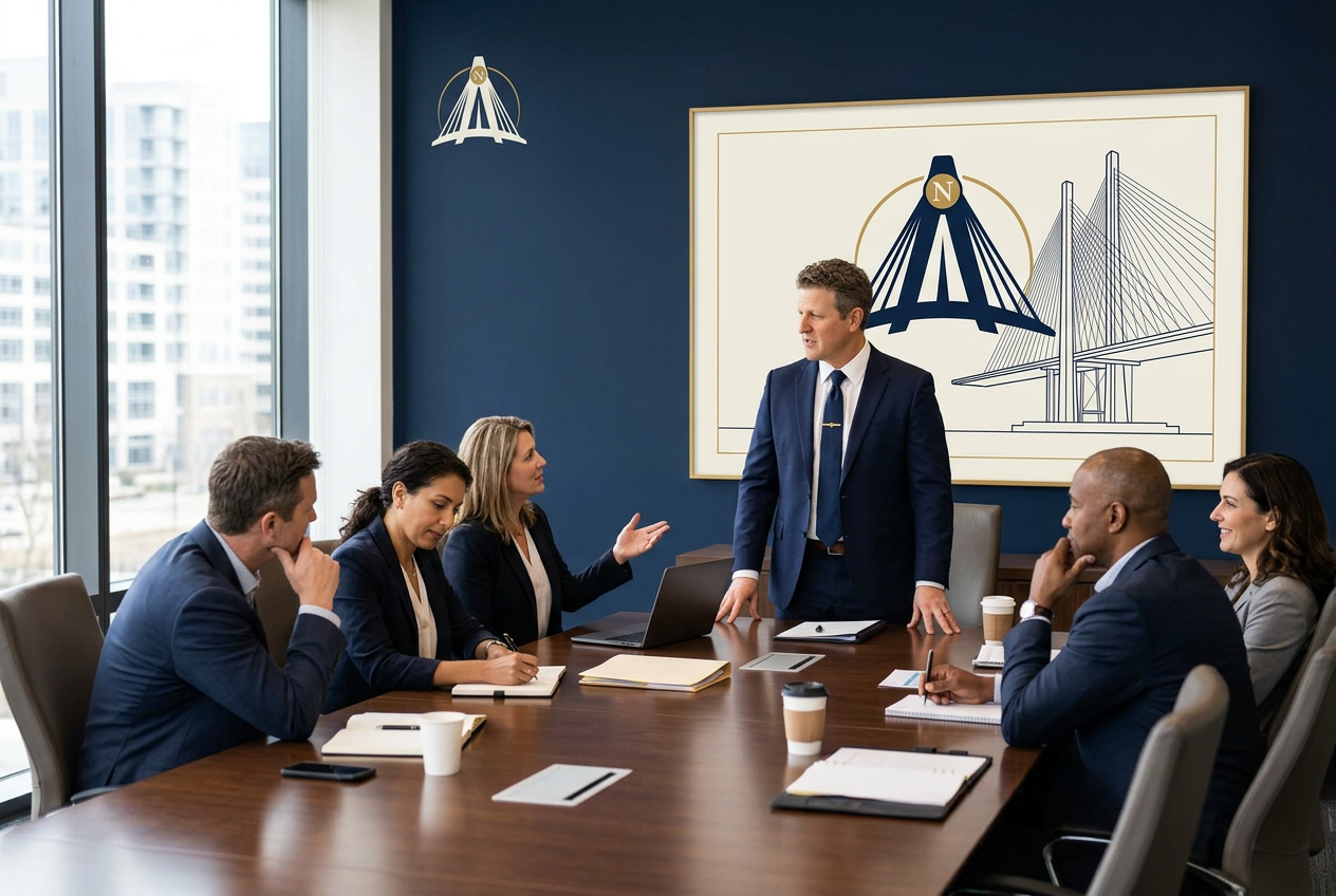 Steve Kopecky, in a working boardroom session, turned toward a seated leader mid-discussion while the leadership team leans in around the table. On the navy wall above him hangs the Compass bridge architecture with the true-north N; the Compass mark sits at the upper left.
