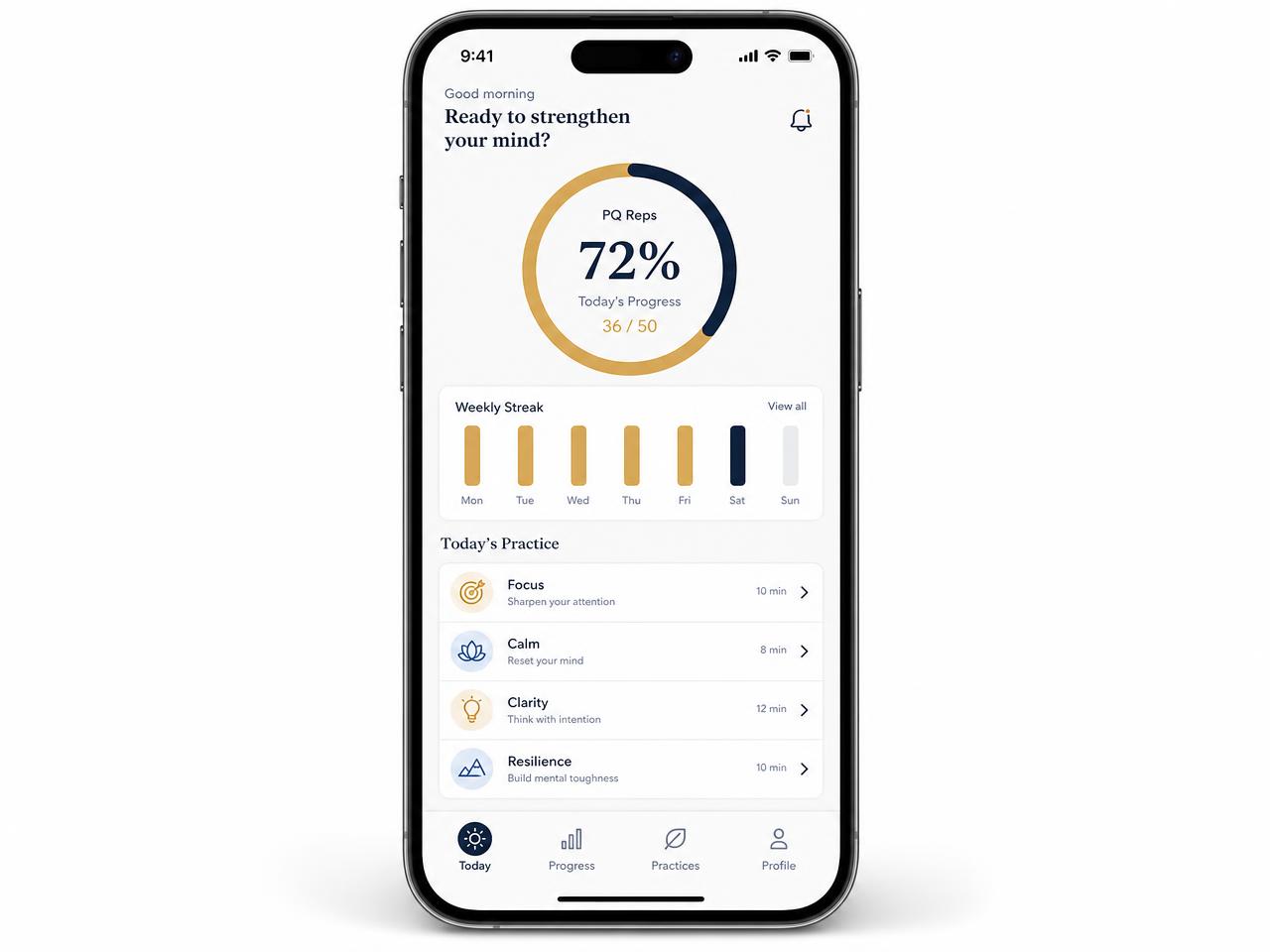 The Positive Intelligence app practice screen: a daily rep progress dial, a weekly streak chart, and the day's guided practice modules.