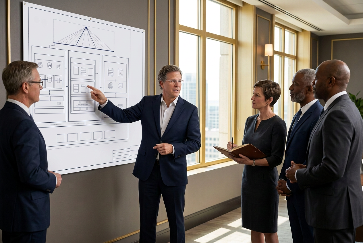 Steve Kopecky pointing to a wall-sized architectural blueprint of an enterprise operating system while four senior executives look on.