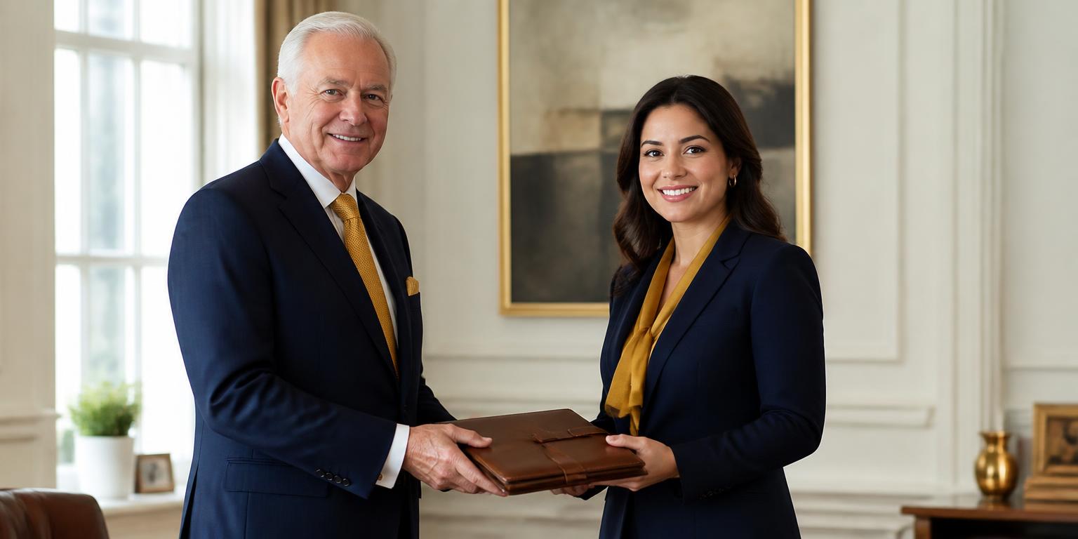 A smiling founder handing architectural drawings to a smiling successor.